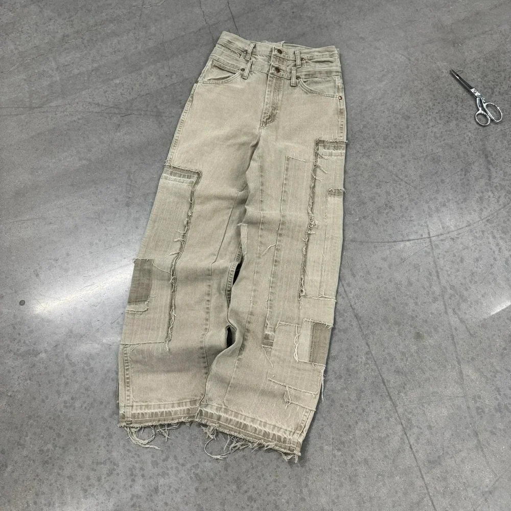 1 OF 1 Fedi Cartel VINTAGE 90s Wranger PATCHWORK BAGGY Tan Denim Jeans - 28/33